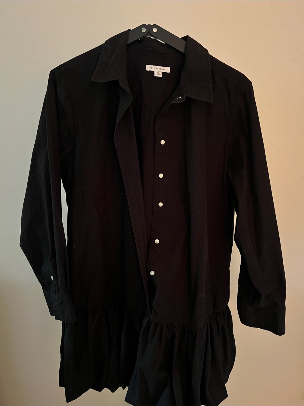 Free Assembly Black Long-Sleeve Button-Front Bubble Hem Dress